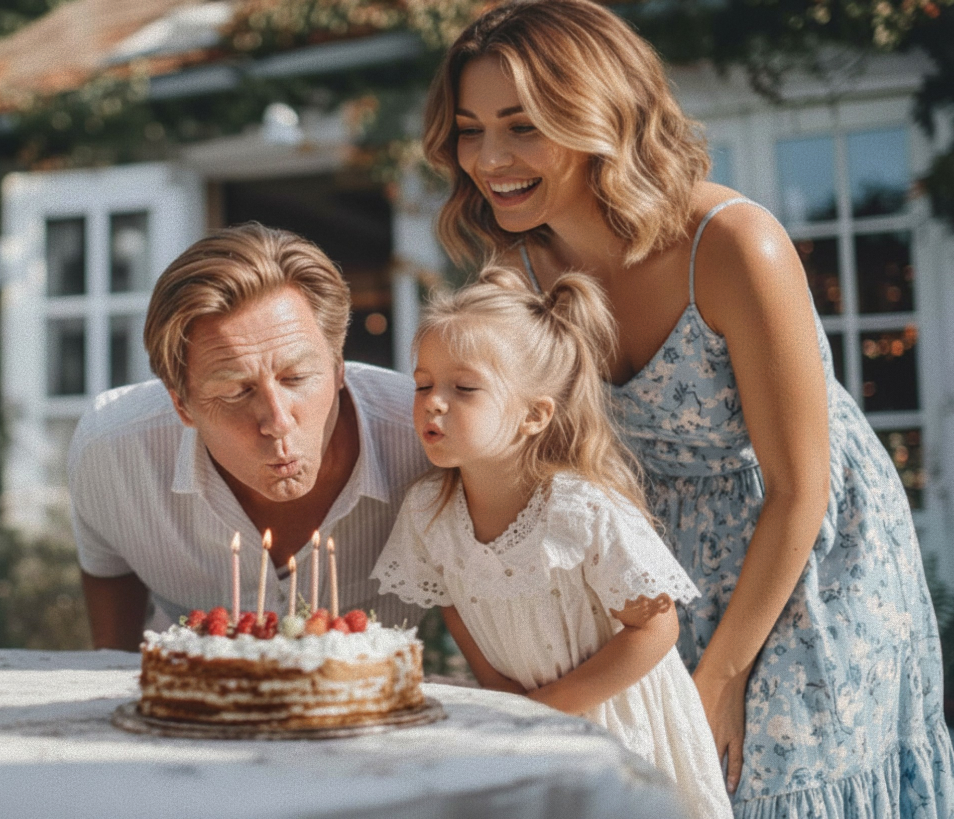 AI generated image: father, mother and daughter are celebrating a birthday. The daughter blows out candels on a cake.