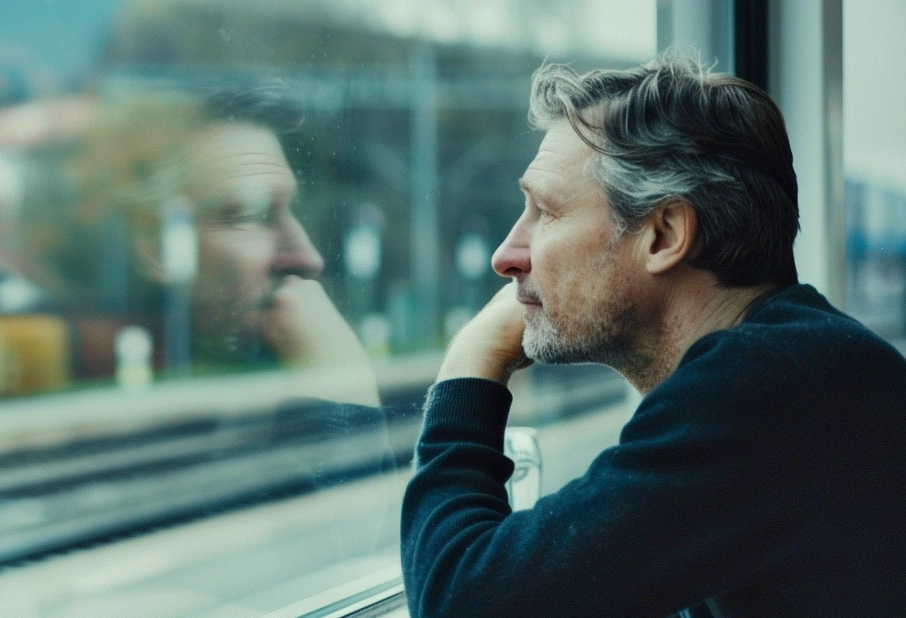 AI-generated image: A man sees his reflection in a window.