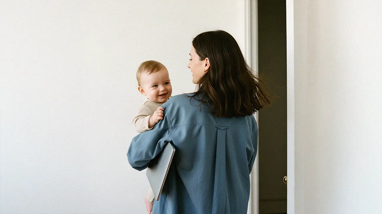 Woman holding baby and an iPad