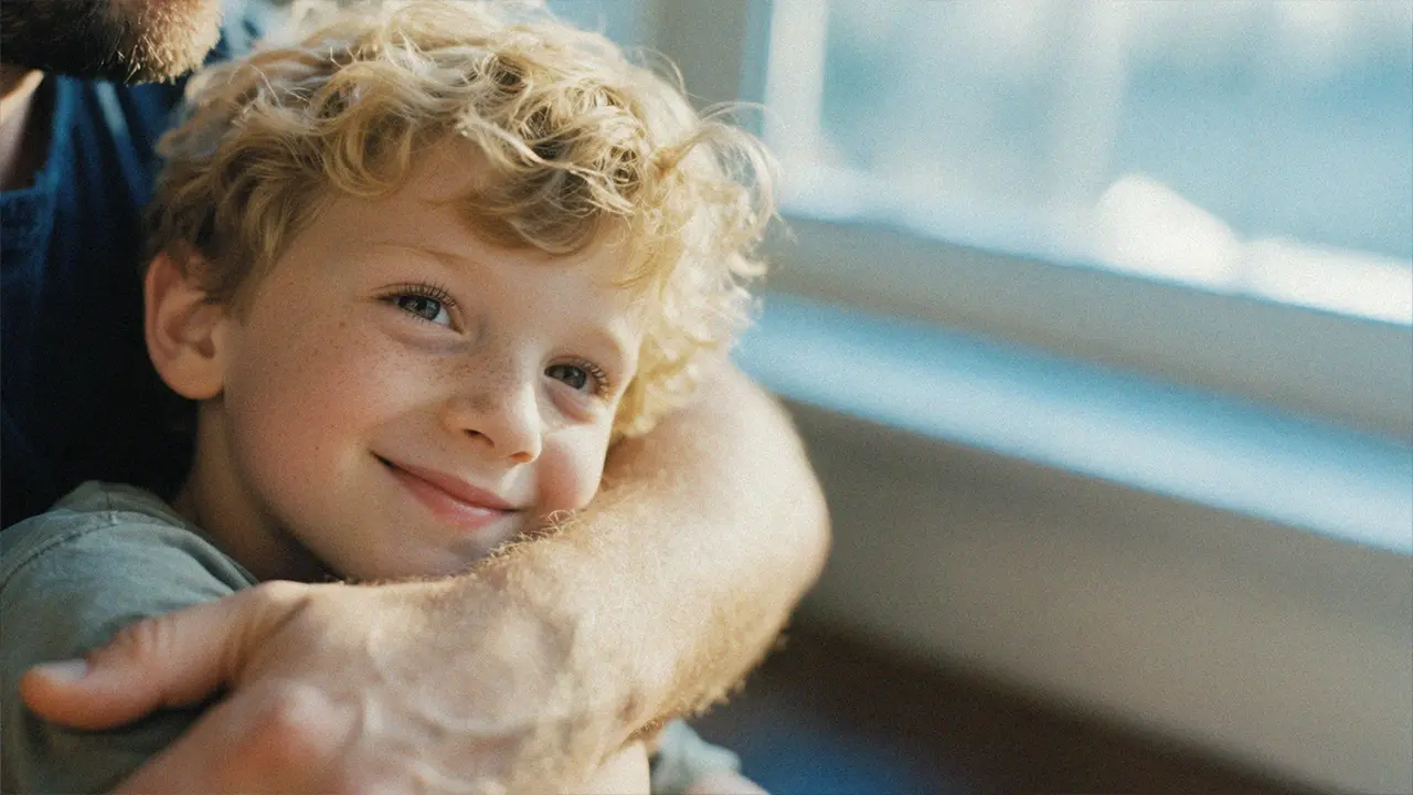 Baby is on the father's shoulders