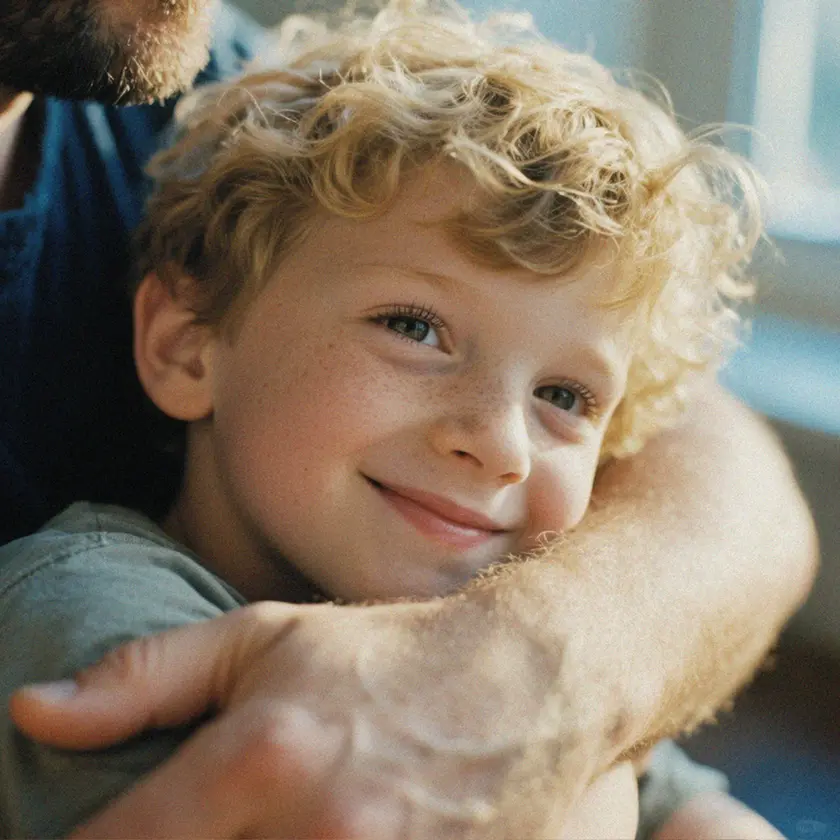 A father carries his baby on his shoulders. The baby is wearing a knitted sweater and a scarf.